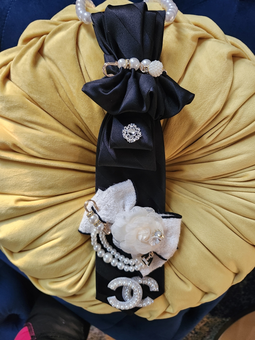 Elegant Black Silk Tie With Bow, Pearl & Rhinestone Trim, Pearl Chain, CC Accent